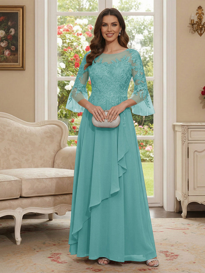 A-Line/Princess V-Neck 3/4 Sleeves Floor-Length Mother of the Bride Dresses with Lace &amp; Applique
