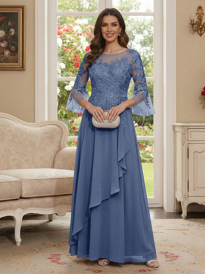 A-Line/Princess V-Neck 3/4 Sleeves Floor-Length Mother of the Bride Dresses with Lace &amp; Applique