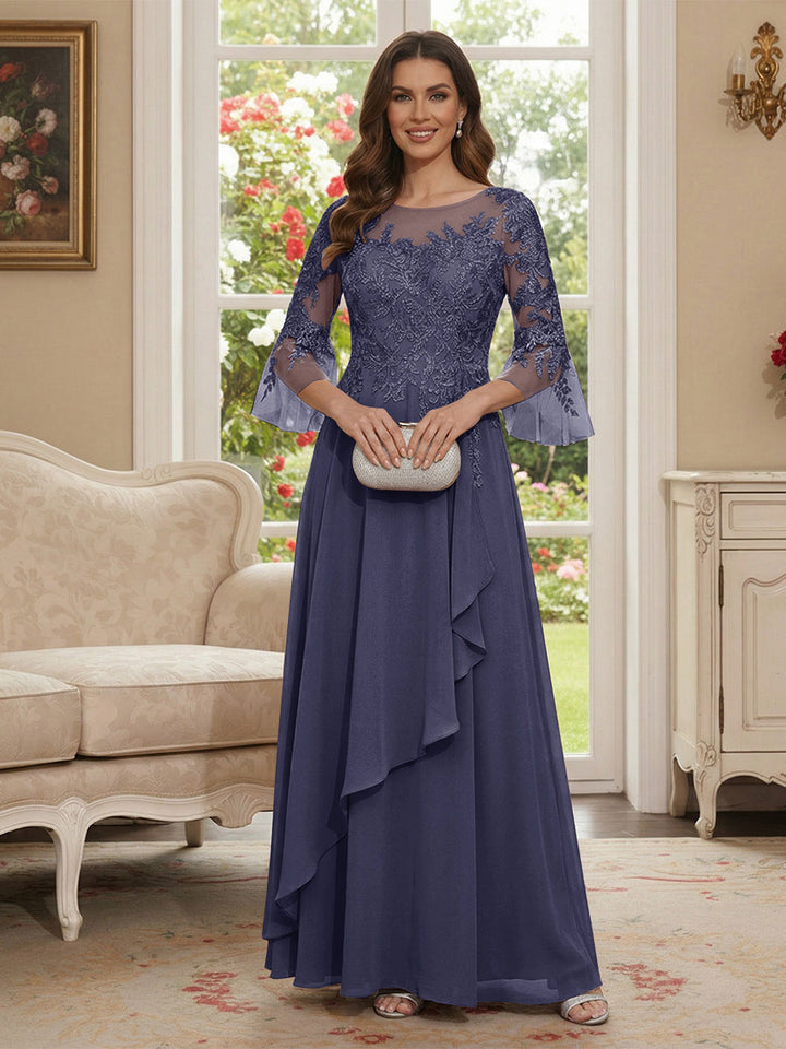 A-Line/Princess V-Neck 3/4 Sleeves Floor-Length Mother of the Bride Dresses with Lace &amp; Applique