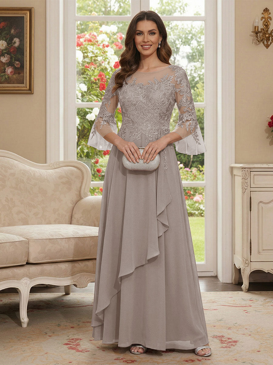 A-Line/Princess V-Neck 3/4 Sleeves Floor-Length Mother of the Bride Dresses with Lace &amp; Applique