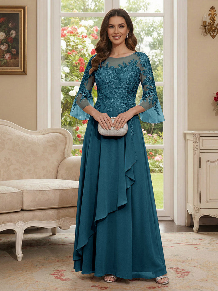 A-Line/Princess V-Neck 3/4 Sleeves Floor-Length Mother of the Bride Dresses with Lace &amp; Applique