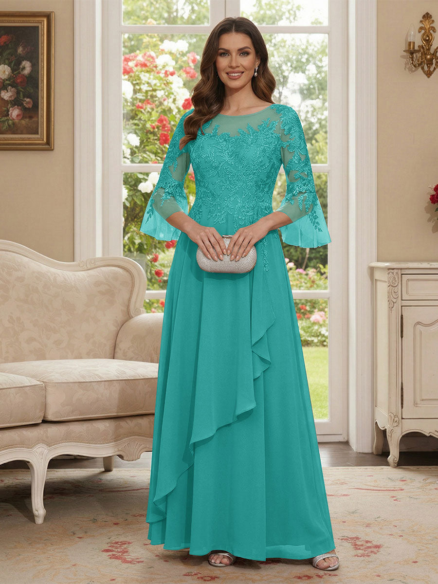 A-Line/Princess V-Neck 3/4 Sleeves Floor-Length Mother of the Bride Dresses with Lace &amp; Applique