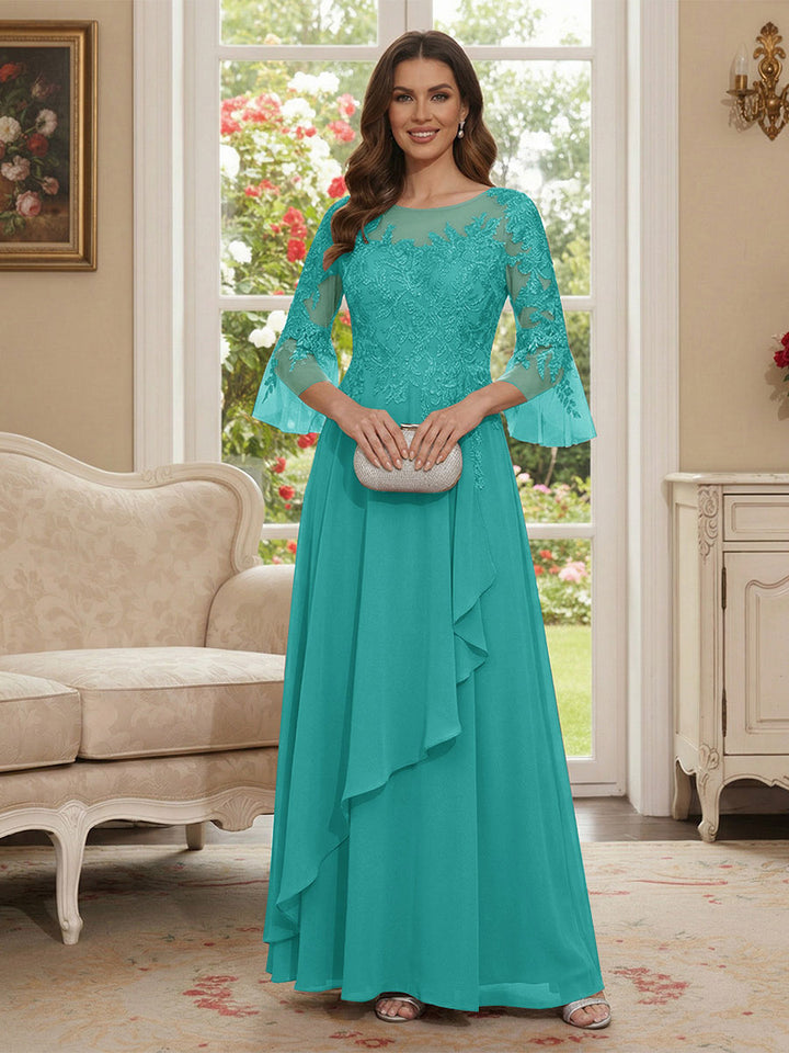 A-Line/Princess V-Neck 3/4 Sleeves Floor-Length Mother of the Bride Dresses with Lace &amp; Applique