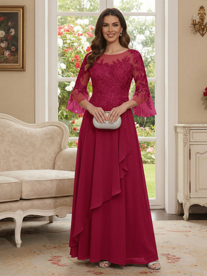 A-Line/Princess V-Neck 3/4 Sleeves Floor-Length Mother of the Bride Dresses with Lace &amp; Applique