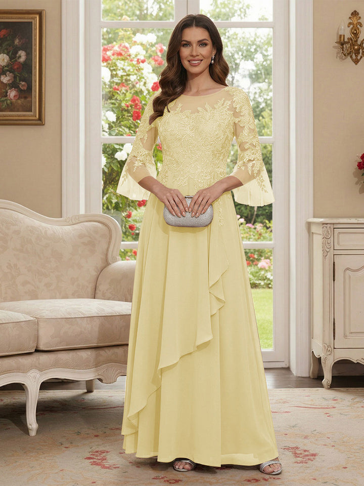 A-Line/Princess V-Neck 3/4 Sleeves Floor-Length Mother of the Bride Dresses with Lace &amp; Applique