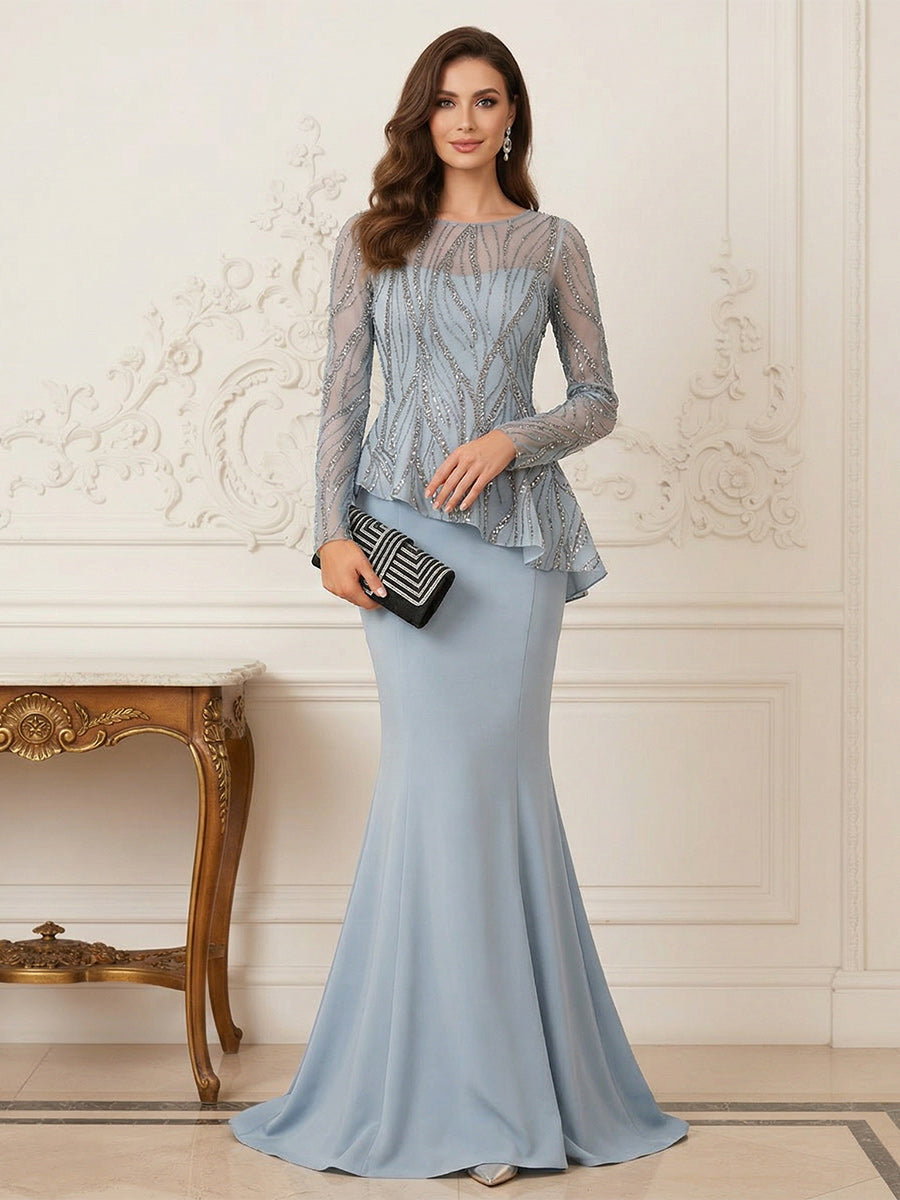 Sheath/Column Scoop Long Sleeves Floor-Length Mother of the Bride Dresses with Rhinestone
