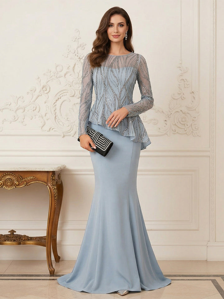 Sheath/Column Scoop Long Sleeves Floor-Length Mother of the Bride Dresses with Rhinestone