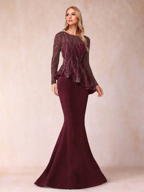 Sheath/Column Scoop Long Sleeves Floor-Length Mother of the Bride Dresses with Rhinestone