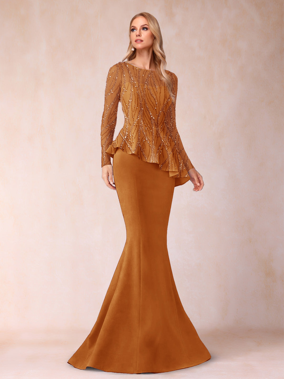 Sheath/Column Scoop Long Sleeves Floor-Length Mother of the Bride Dresses with Rhinestone
