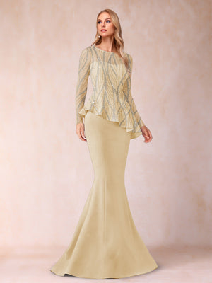 Sheath/Column Scoop Long Sleeves Floor-Length Mother of the Bride Dresses with Rhinestone