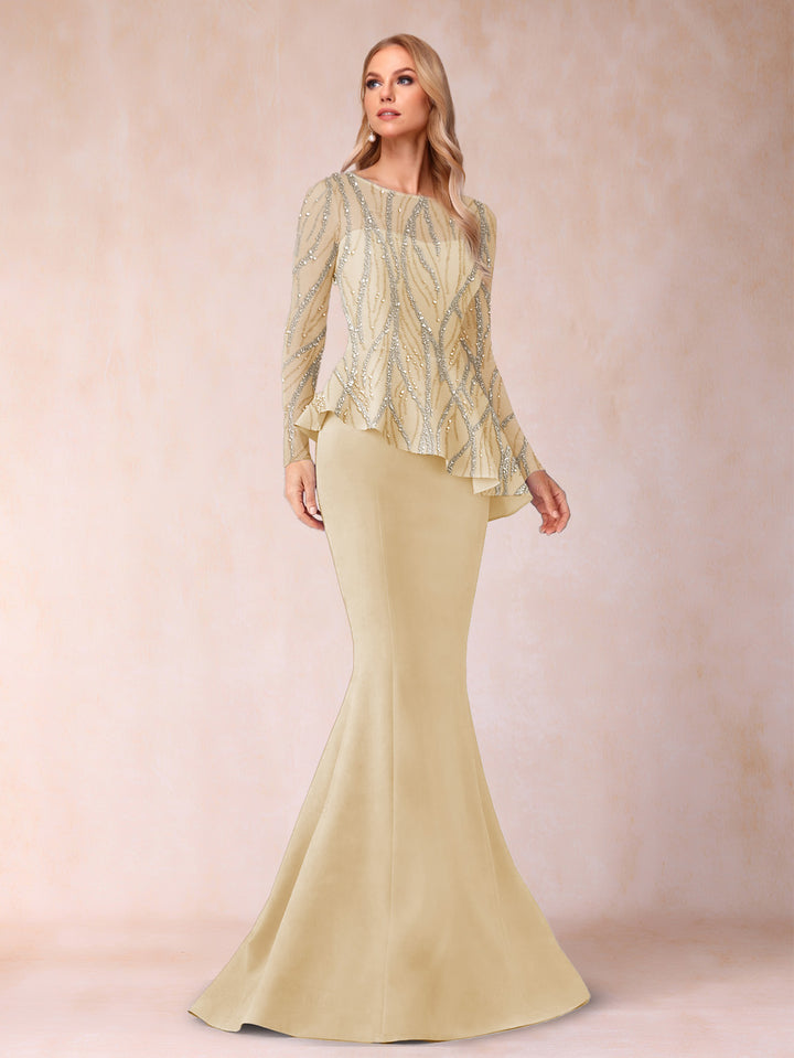 Sheath/Column Scoop Long Sleeves Floor-Length Mother of the Bride Dresses with Rhinestone