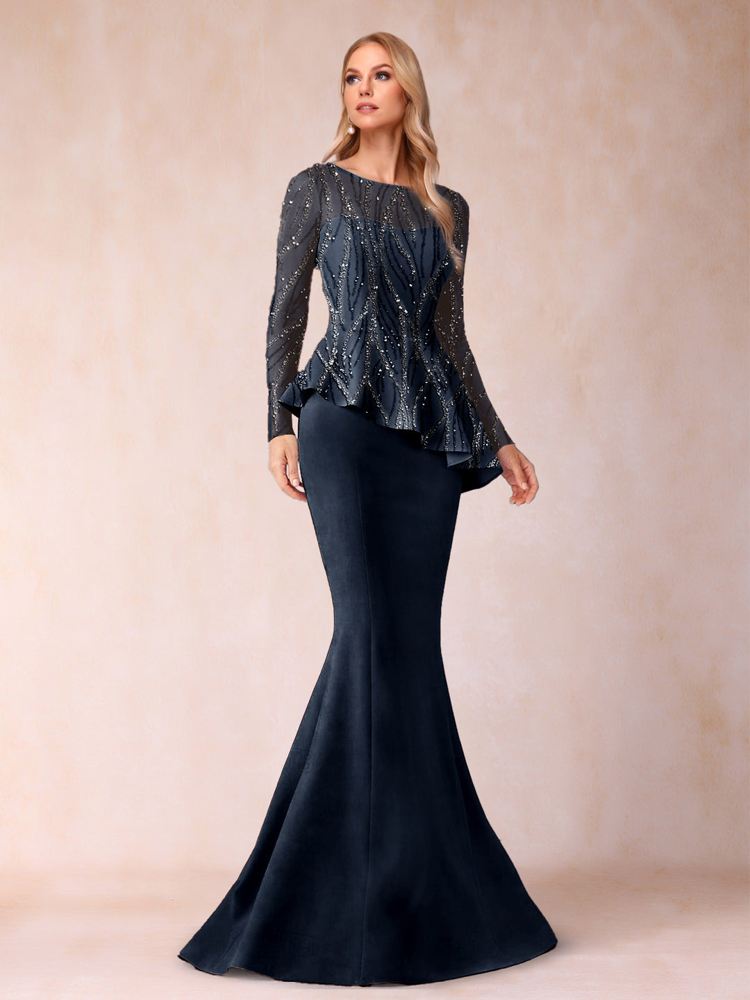 Sheath/Column Scoop Long Sleeves Floor-Length Mother of the Bride Dresses with Rhinestone