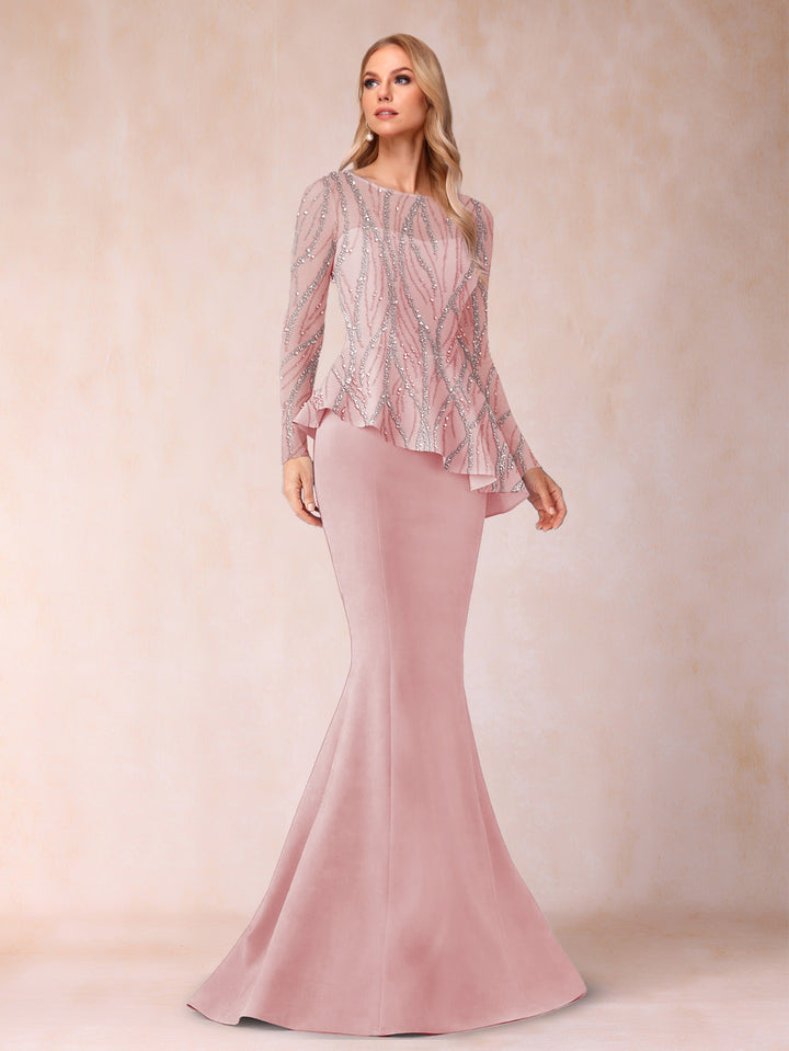 Sheath/Column Scoop Long Sleeves Floor-Length Mother of the Bride Dresses with Rhinestone