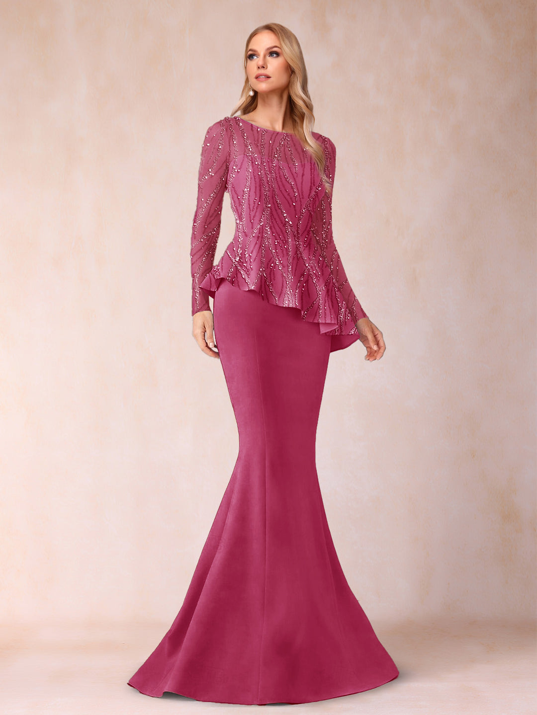 Sheath/Column Scoop Long Sleeves Floor-Length Mother of the Bride Dresses with Rhinestone