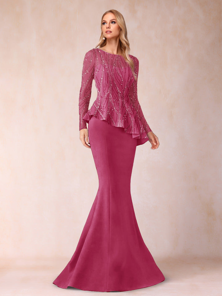 Sheath/Column Scoop Long Sleeves Floor-Length Mother of the Bride Dresses with Rhinestone