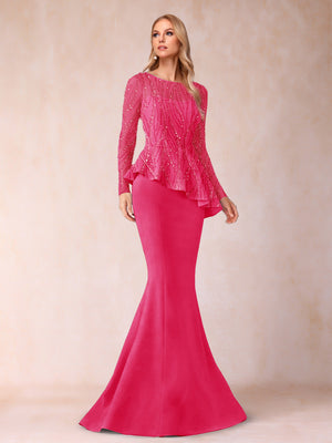 Sheath/Column Scoop Long Sleeves Floor-Length Mother of the Bride Dresses with Rhinestone