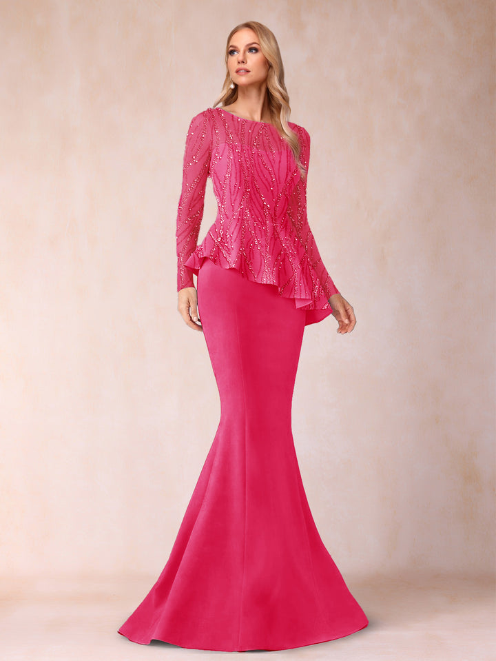 Sheath/Column Scoop Long Sleeves Floor-Length Mother of the Bride Dresses with Rhinestone