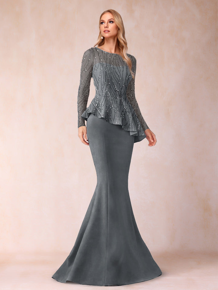 Sheath/Column Scoop Long Sleeves Floor-Length Mother of the Bride Dresses with Rhinestone
