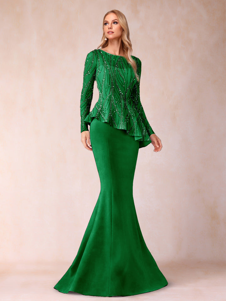Sheath/Column Scoop Long Sleeves Floor-Length Mother of the Bride Dresses with Rhinestone