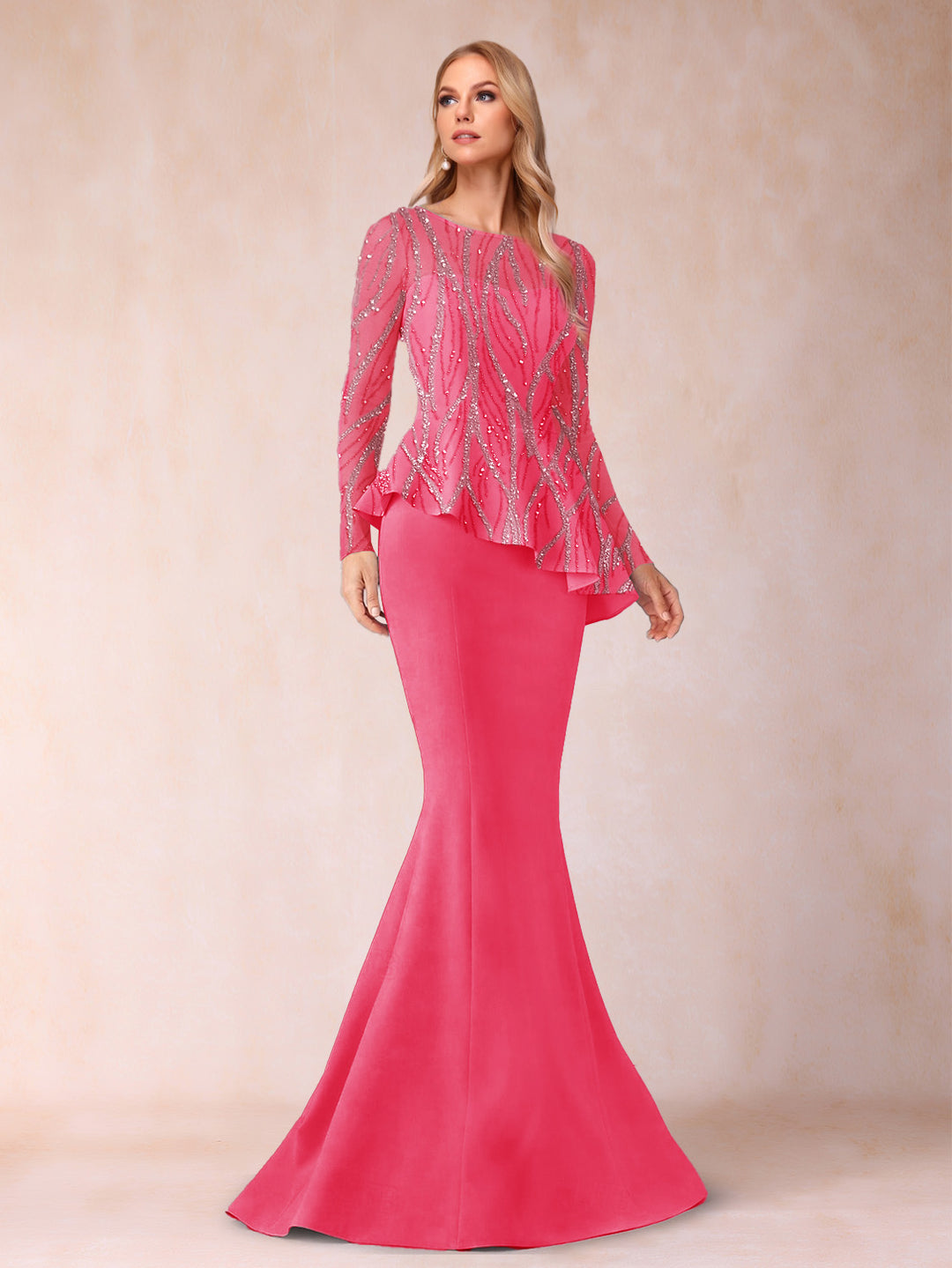 Sheath/Column Scoop Long Sleeves Floor-Length Mother of the Bride Dresses with Rhinestone