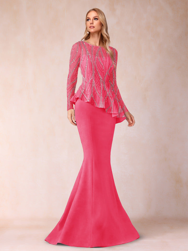 Sheath/Column Scoop Long Sleeves Floor-Length Mother of the Bride Dresses with Rhinestone