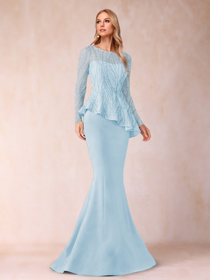 Sheath/Column Scoop Long Sleeves Floor-Length Mother of the Bride Dresses with Rhinestone