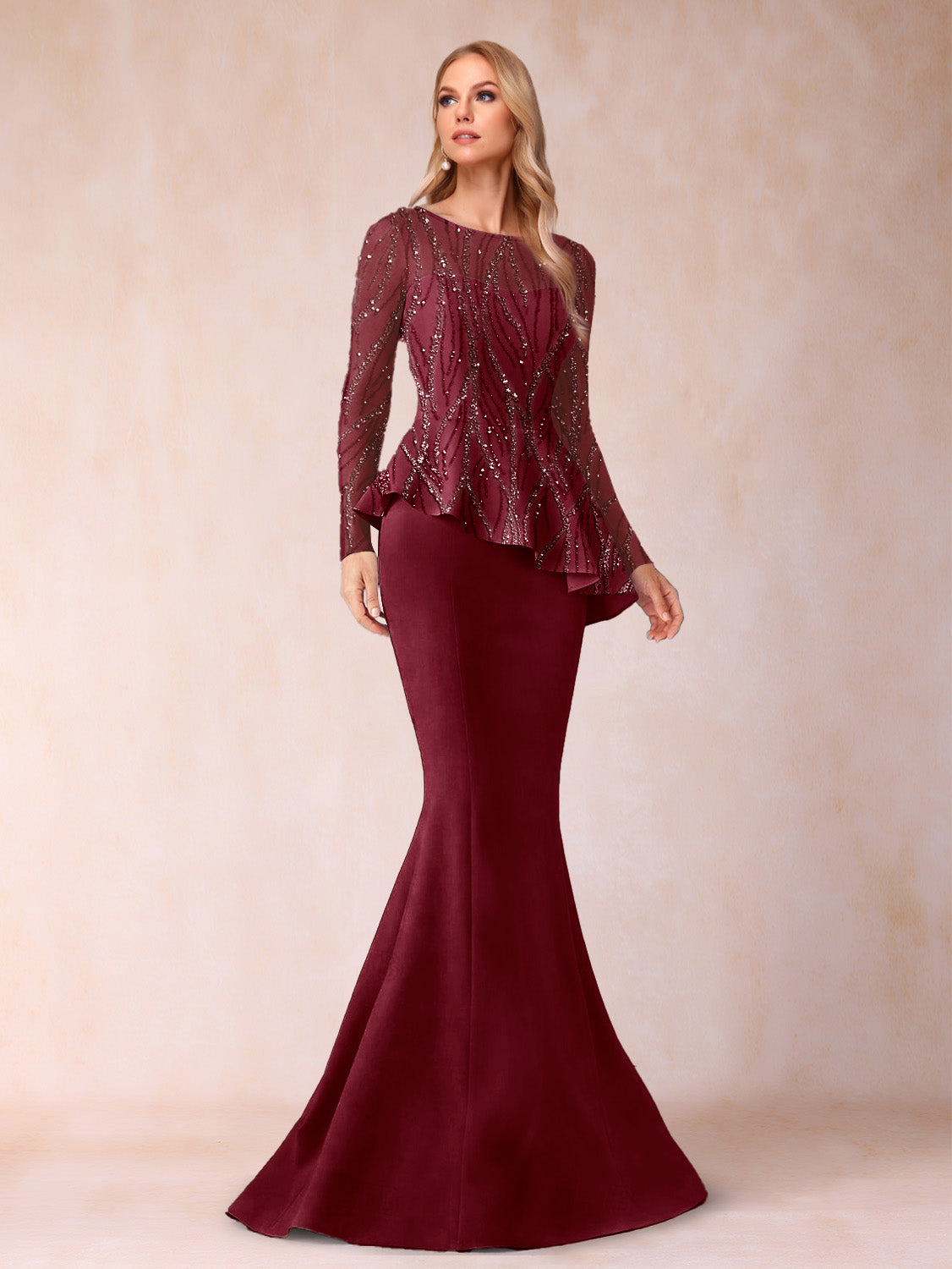 Sheath/Column Scoop Long Sleeves Floor-Length Mother of the Bride Dresses with Rhinestone