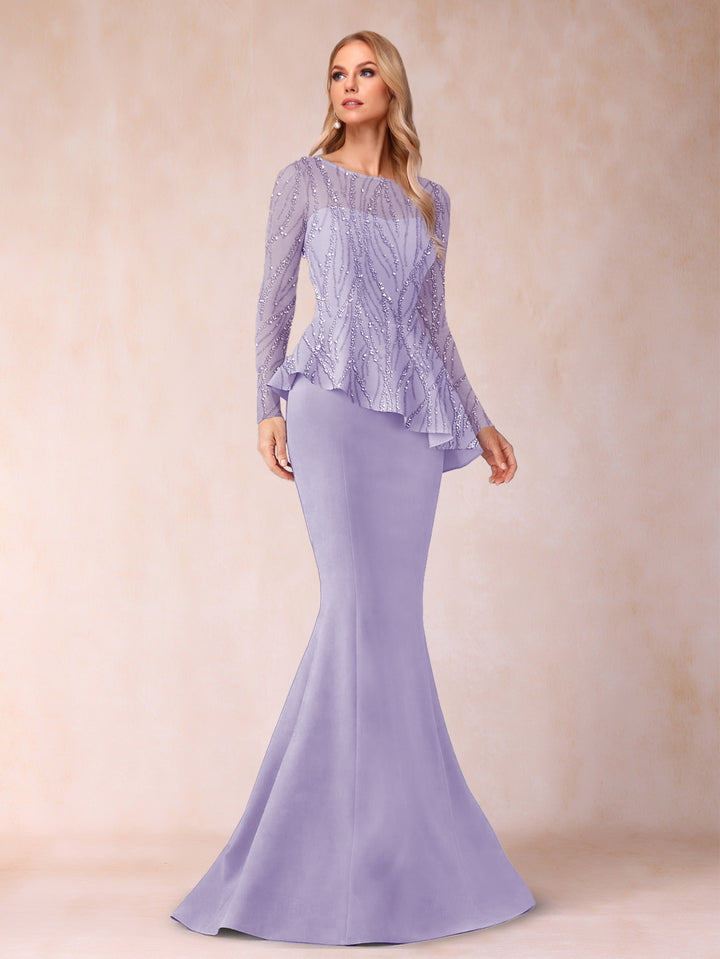 Sheath/Column Scoop Long Sleeves Floor-Length Mother of the Bride Dresses with Rhinestone