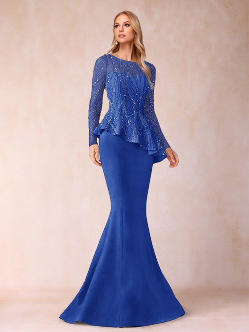 Sheath/Column Scoop Long Sleeves Floor-Length Mother of the Bride Dresses with Rhinestone