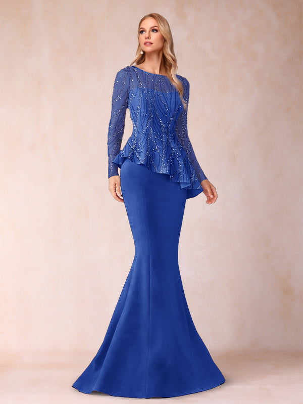 Sheath/Column Scoop Long Sleeves Floor-Length Mother of the Bride Dresses with Rhinestone