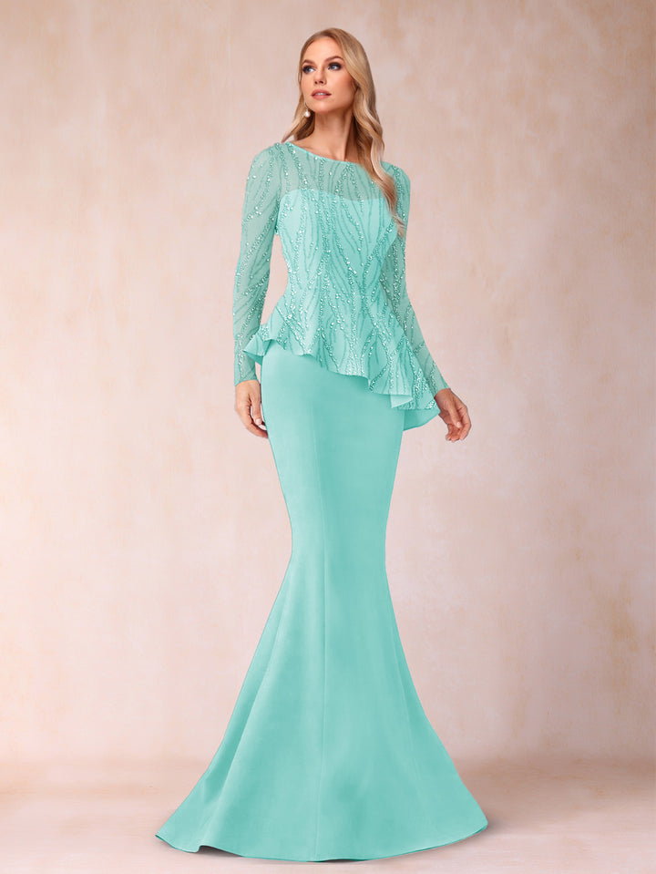 Sheath/Column Scoop Long Sleeves Floor-Length Mother of the Bride Dresses with Rhinestone