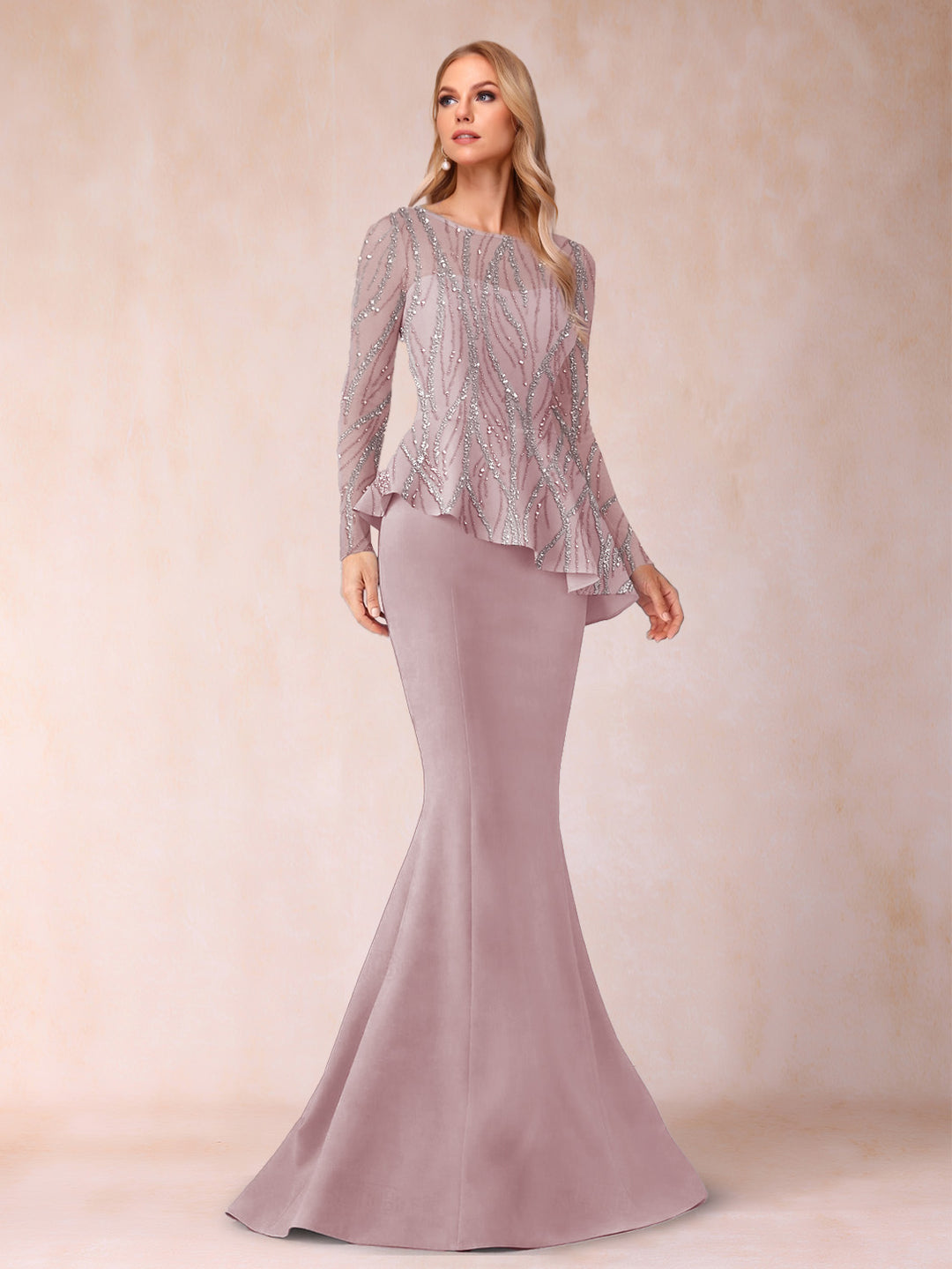 Sheath/Column Scoop Long Sleeves Floor-Length Mother of the Bride Dresses with Rhinestone