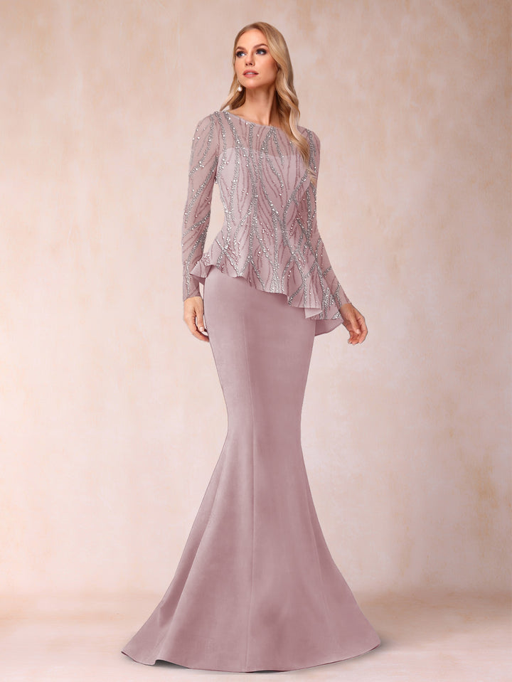 Sheath/Column Scoop Long Sleeves Floor-Length Mother of the Bride Dresses with Rhinestone