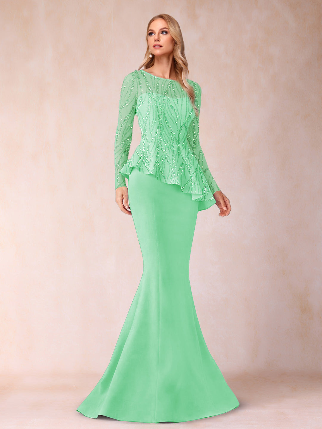 Sheath/Column Scoop Long Sleeves Floor-Length Mother of the Bride Dresses with Rhinestone