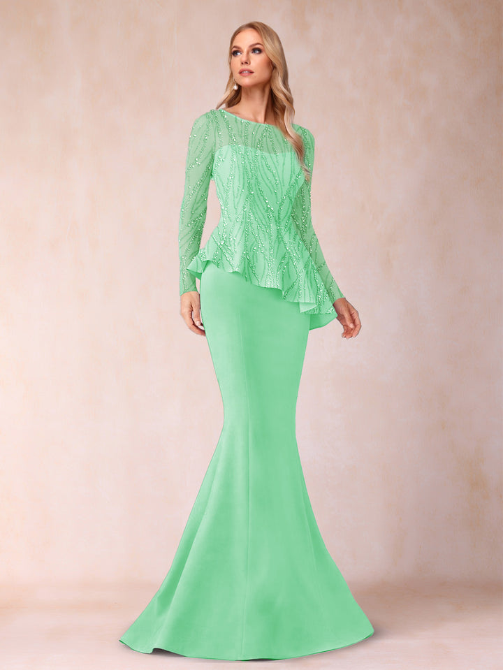 Sheath/Column Scoop Long Sleeves Floor-Length Mother of the Bride Dresses with Rhinestone