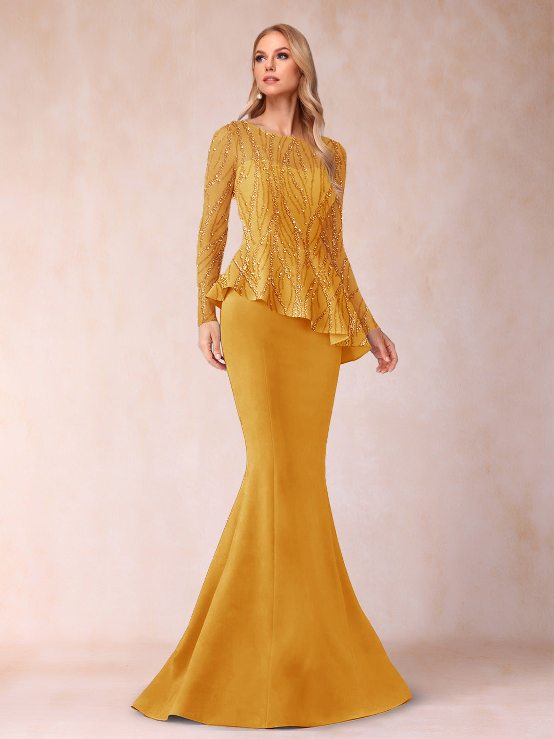 Sheath/Column Scoop Long Sleeves Floor-Length Mother of the Bride Dresses with Rhinestone