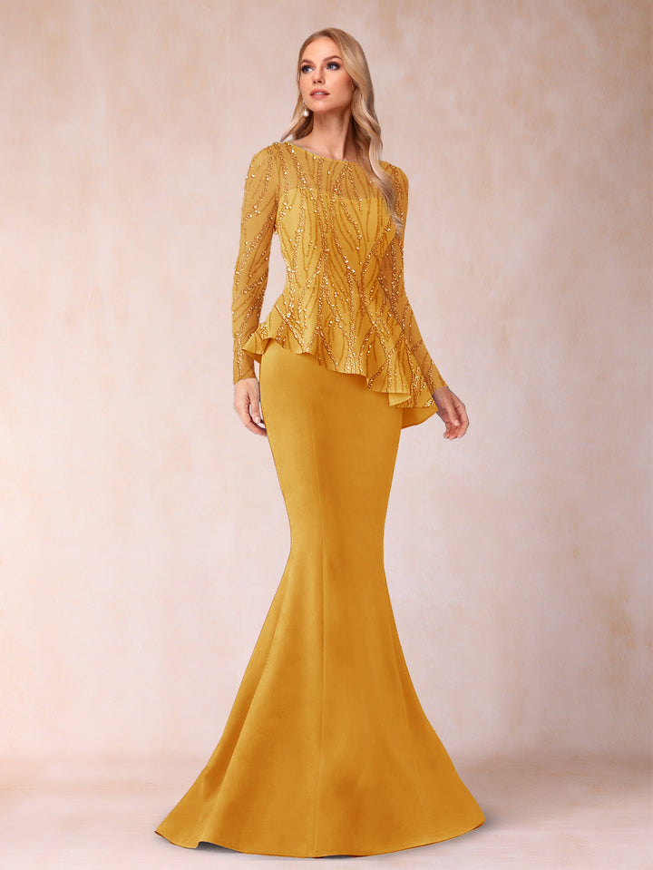 Sheath/Column Scoop Long Sleeves Floor-Length Mother of the Bride Dresses with Rhinestone