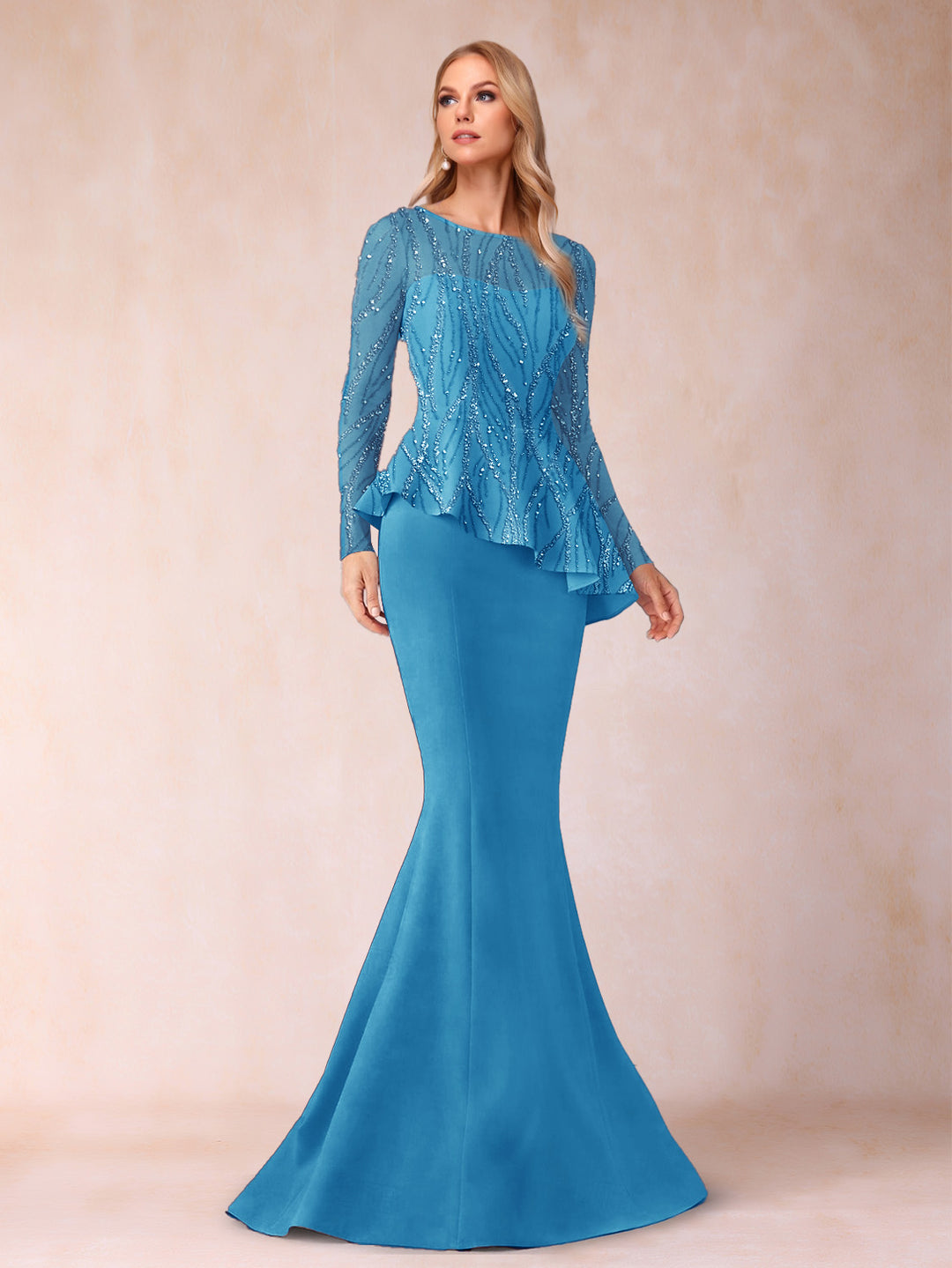 Sheath/Column Scoop Long Sleeves Floor-Length Mother of the Bride Dresses with Rhinestone