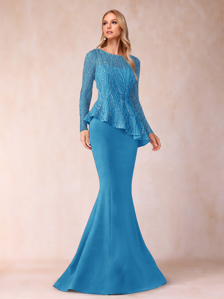 Sheath/Column Scoop Long Sleeves Floor-Length Mother of the Bride Dresses with Rhinestone