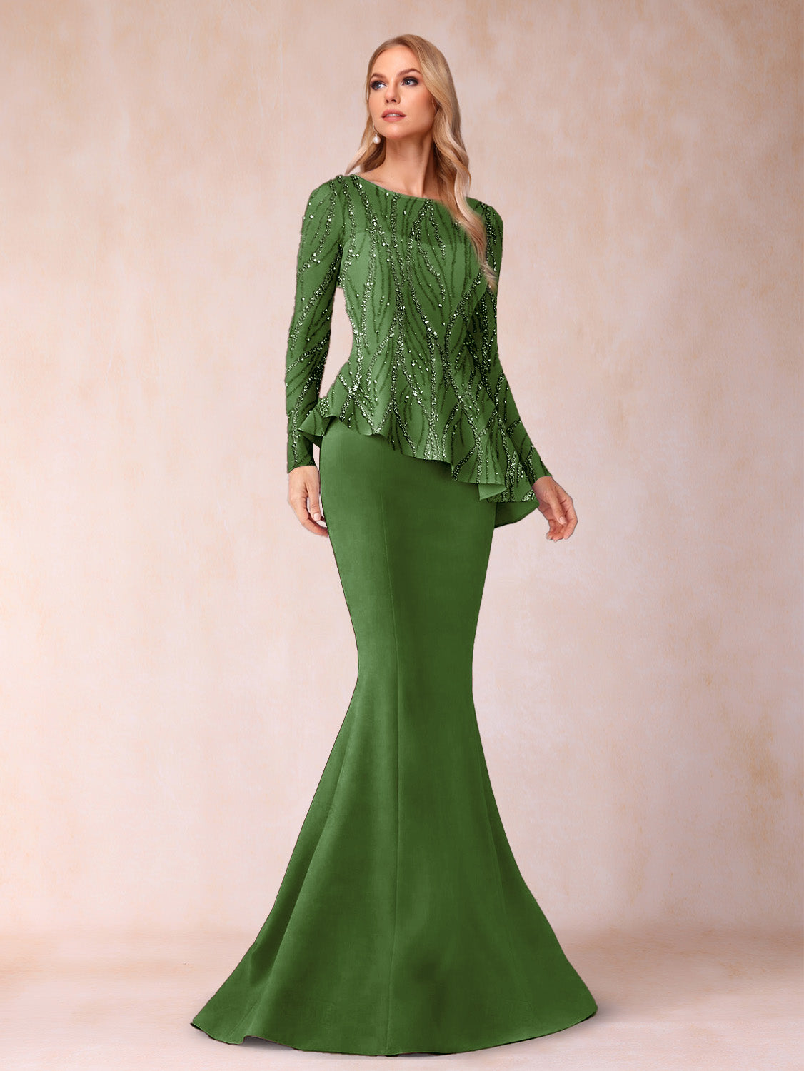 Sheath/Column Scoop Long Sleeves Floor-Length Mother of the Bride Dresses with Rhinestone