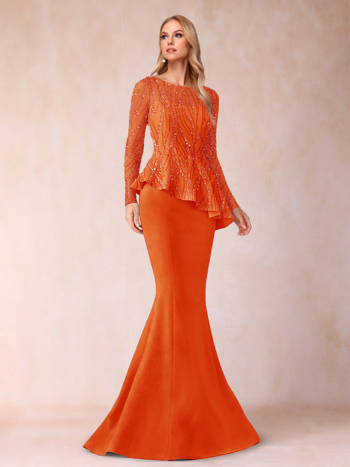 Sheath/Column Scoop Long Sleeves Floor-Length Mother of the Bride Dresses with Rhinestone