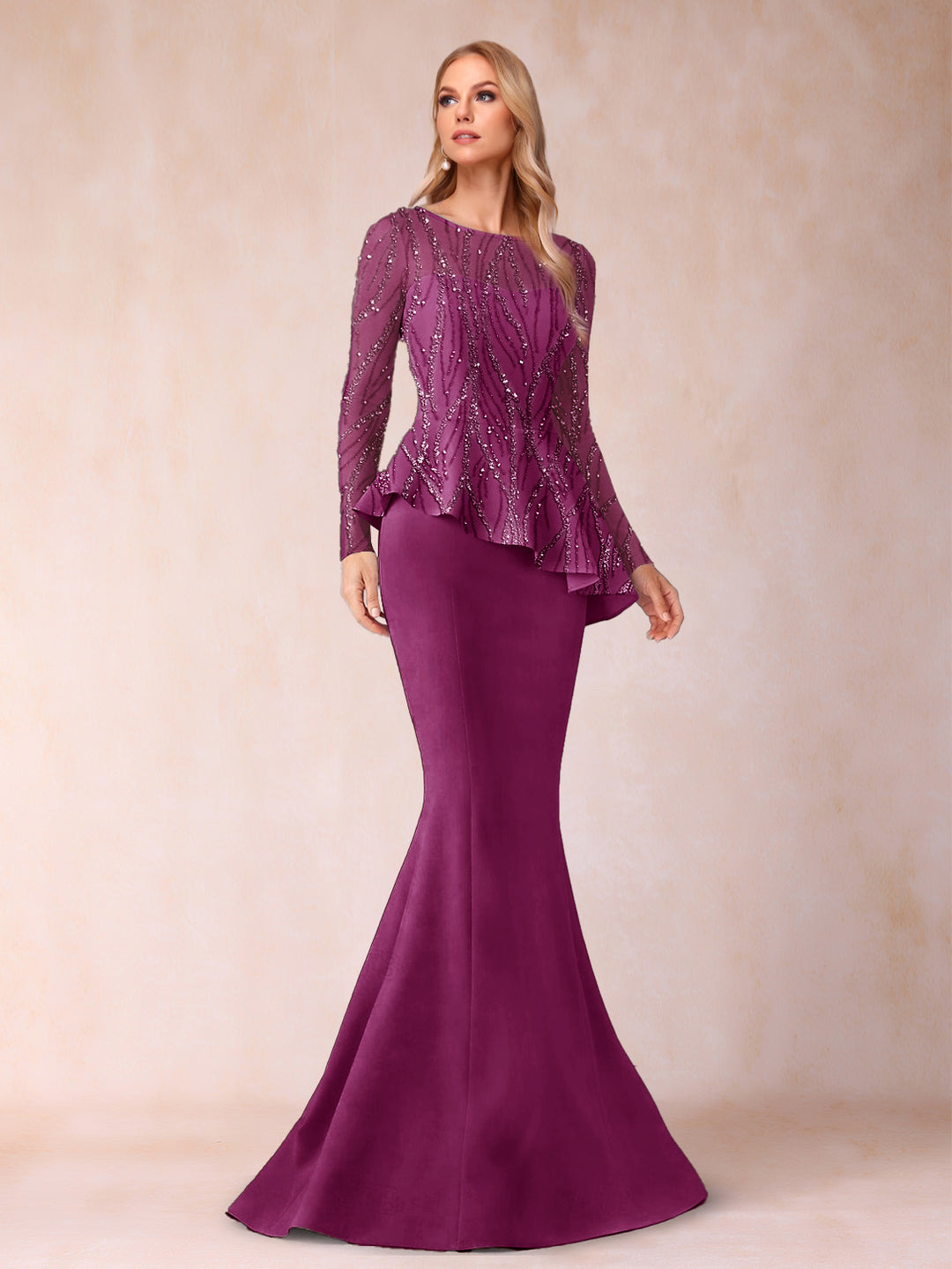 Sheath/Column Scoop Long Sleeves Floor-Length Mother of the Bride Dresses with Rhinestone