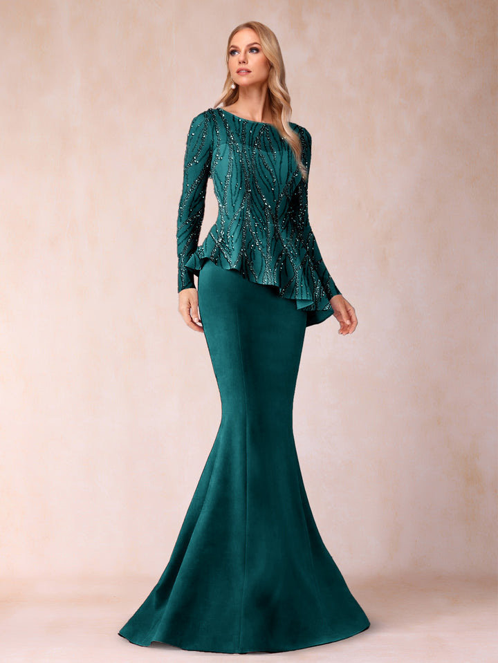Sheath/Column Scoop Long Sleeves Floor-Length Mother of the Bride Dresses with Rhinestone