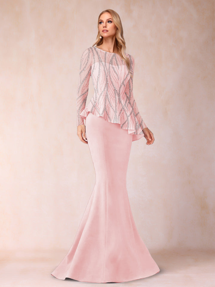 Sheath/Column Scoop Long Sleeves Floor-Length Mother of the Bride Dresses with Rhinestone