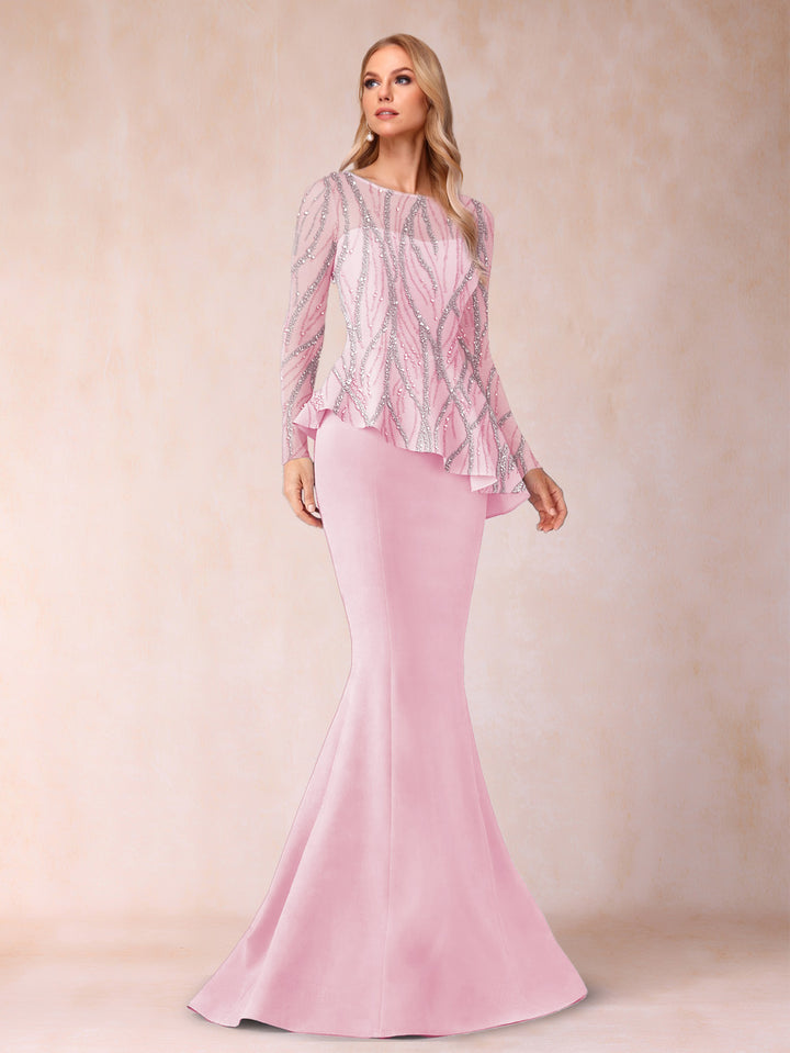 Sheath/Column Scoop Long Sleeves Floor-Length Mother of the Bride Dresses with Rhinestone