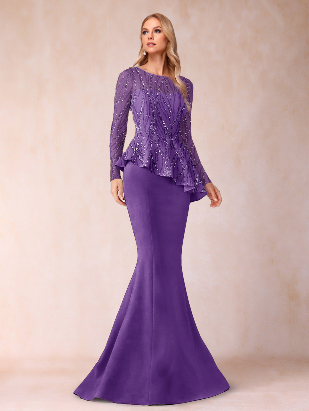 Sheath/Column Scoop Long Sleeves Floor-Length Mother of the Bride Dresses with Rhinestone