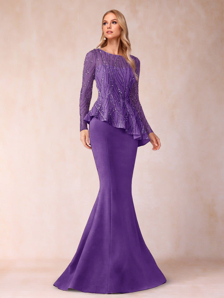 Sheath/Column Scoop Long Sleeves Floor-Length Mother of the Bride Dresses with Rhinestone