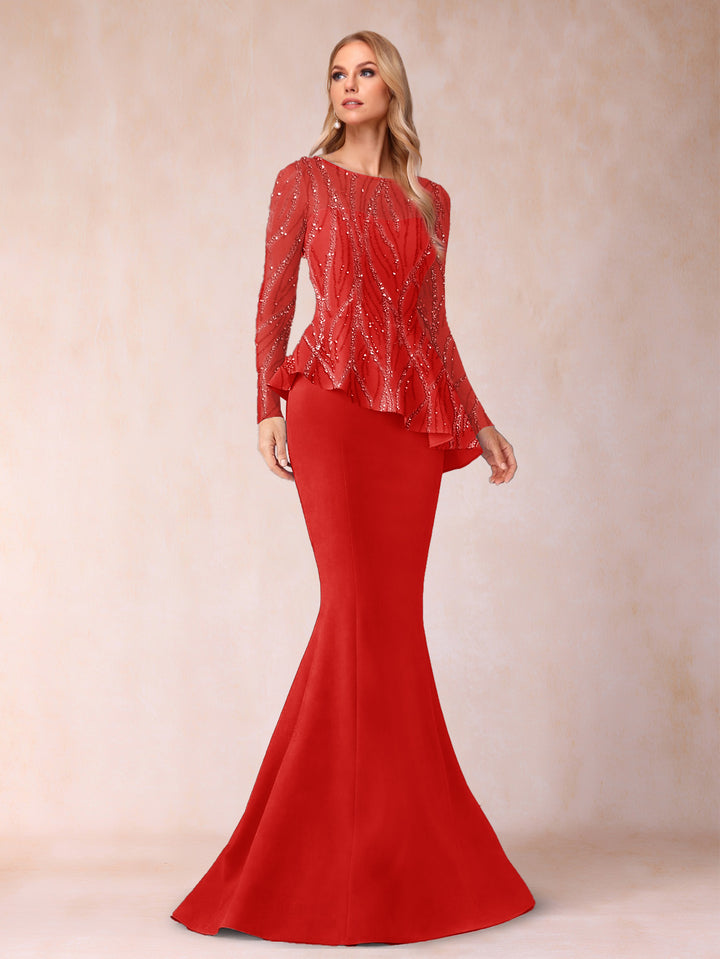 Sheath/Column Scoop Long Sleeves Floor-Length Mother of the Bride Dresses with Rhinestone