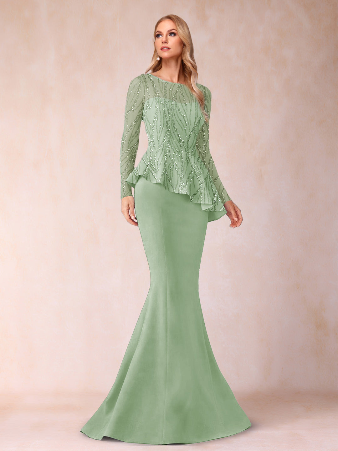 Sheath/Column Scoop Long Sleeves Floor-Length Mother of the Bride Dresses with Rhinestone