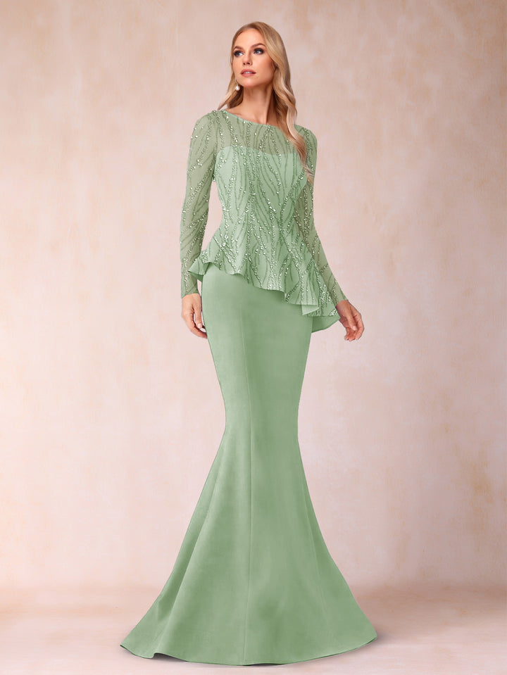 Sheath/Column Scoop Long Sleeves Floor-Length Mother of the Bride Dresses with Rhinestone